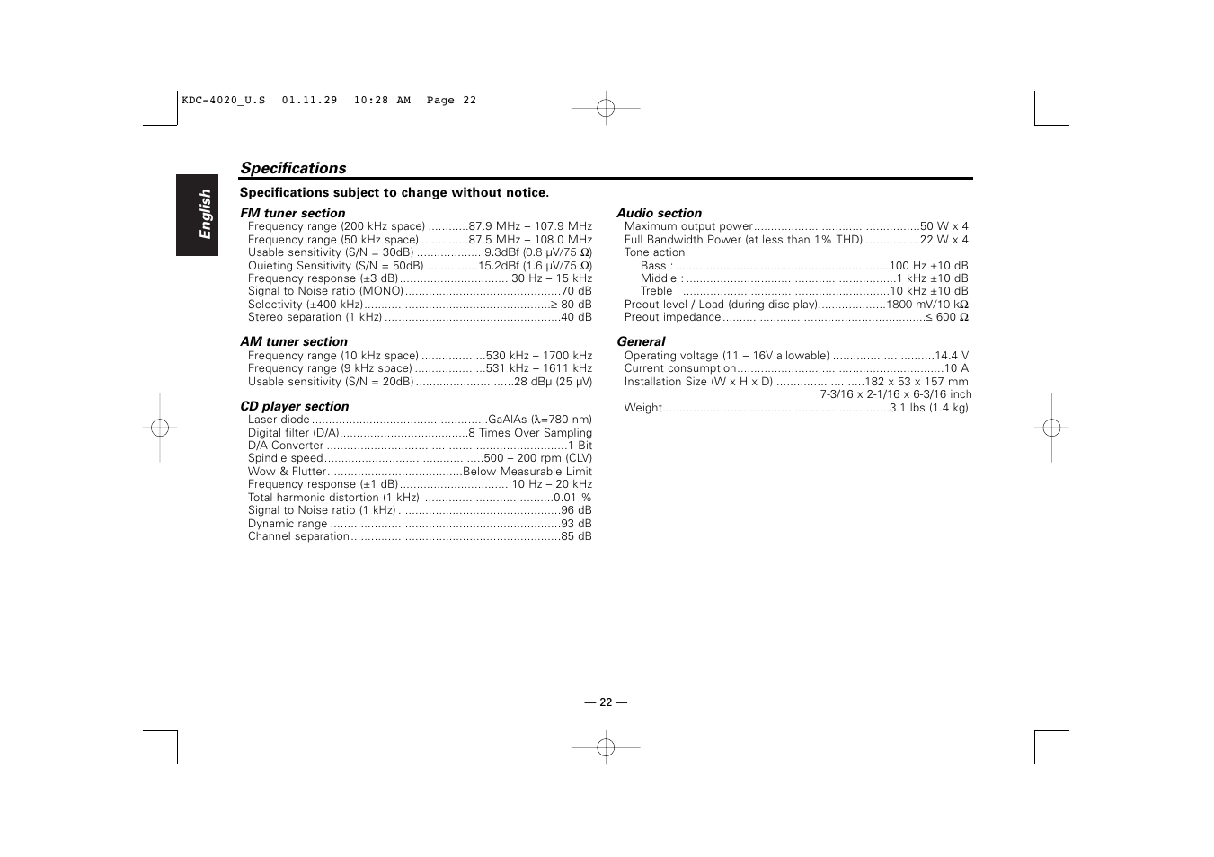 Specifications | Kenwood KDC-2020 User Manual | Page 22 / 22