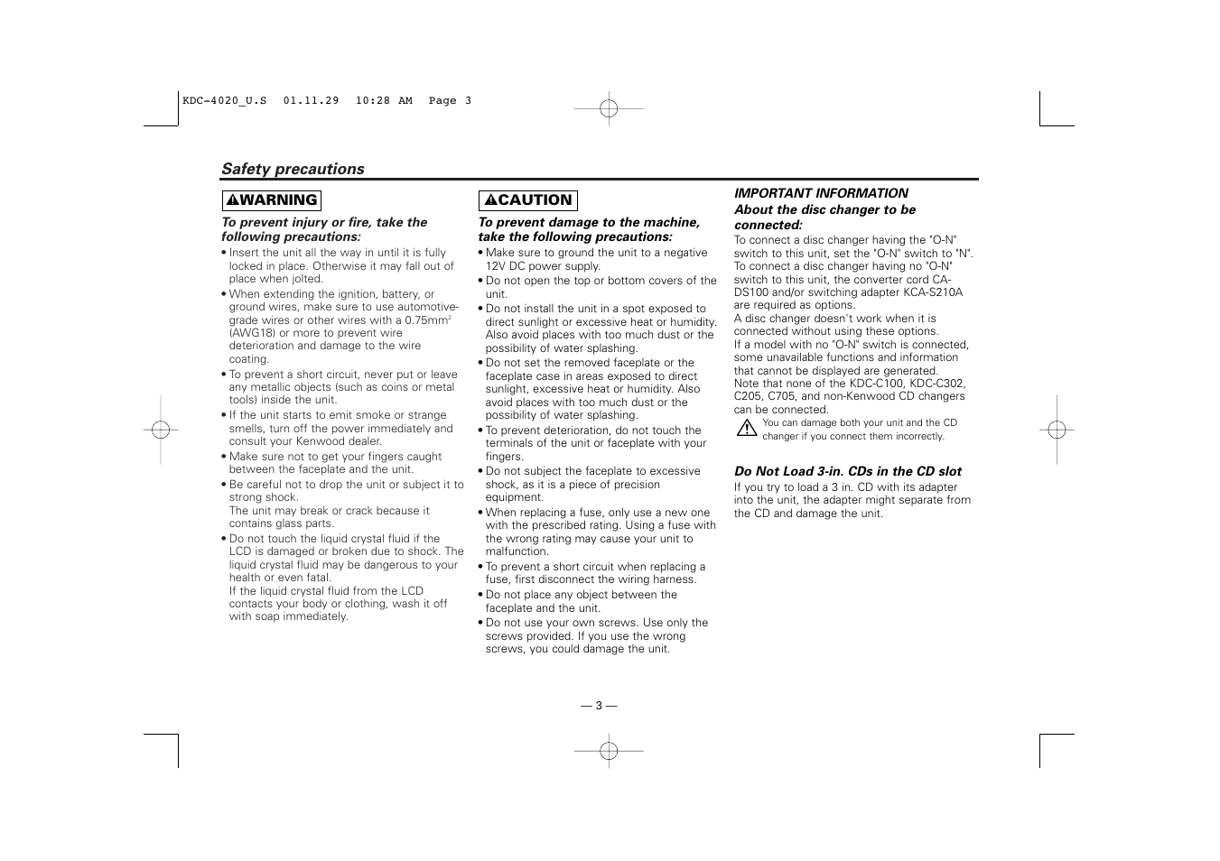 Safety precautions | Kenwood KDC-2020 User Manual | Page 3 / 22