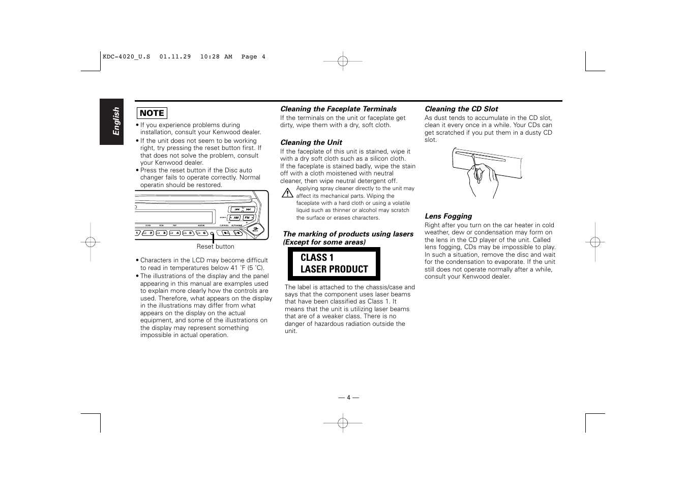 Class 1 laser product | Kenwood KDC-2020 User Manual | Page 4 / 22