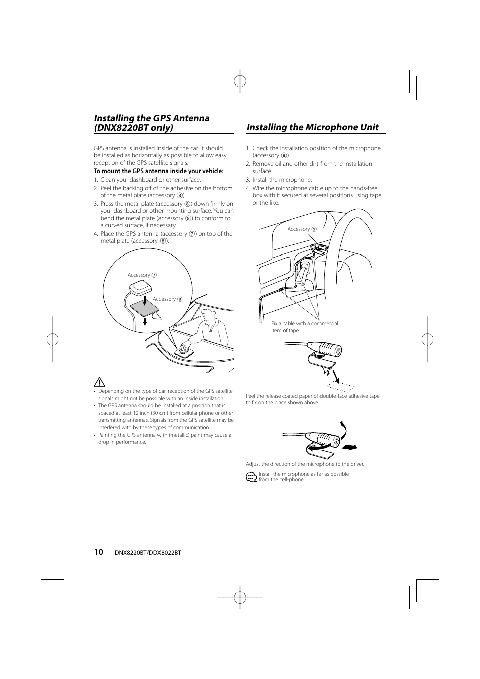 Installing the gps antenna (dnx8220bt only), Installing the microphone unit | Kenwood DDX8022BT User Manual | Page 10 / 12