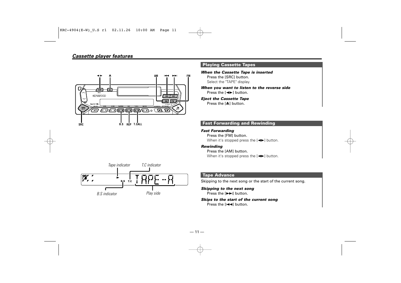 Cassette player features | Kenwood KRC-4904 User Manual | Page 11 / 26