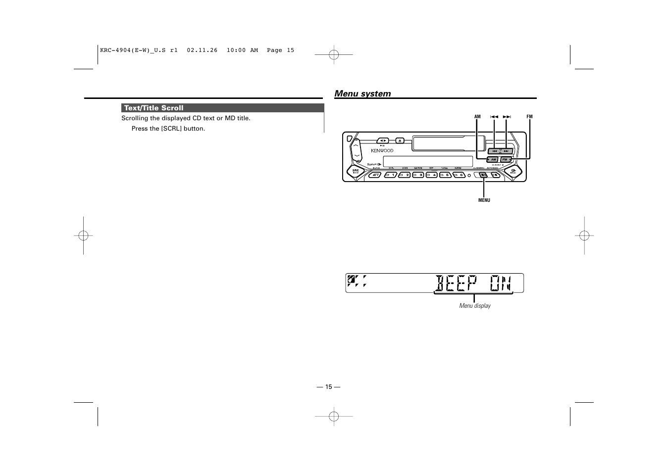 Menu system | Kenwood KRC-4904 User Manual | Page 15 / 26