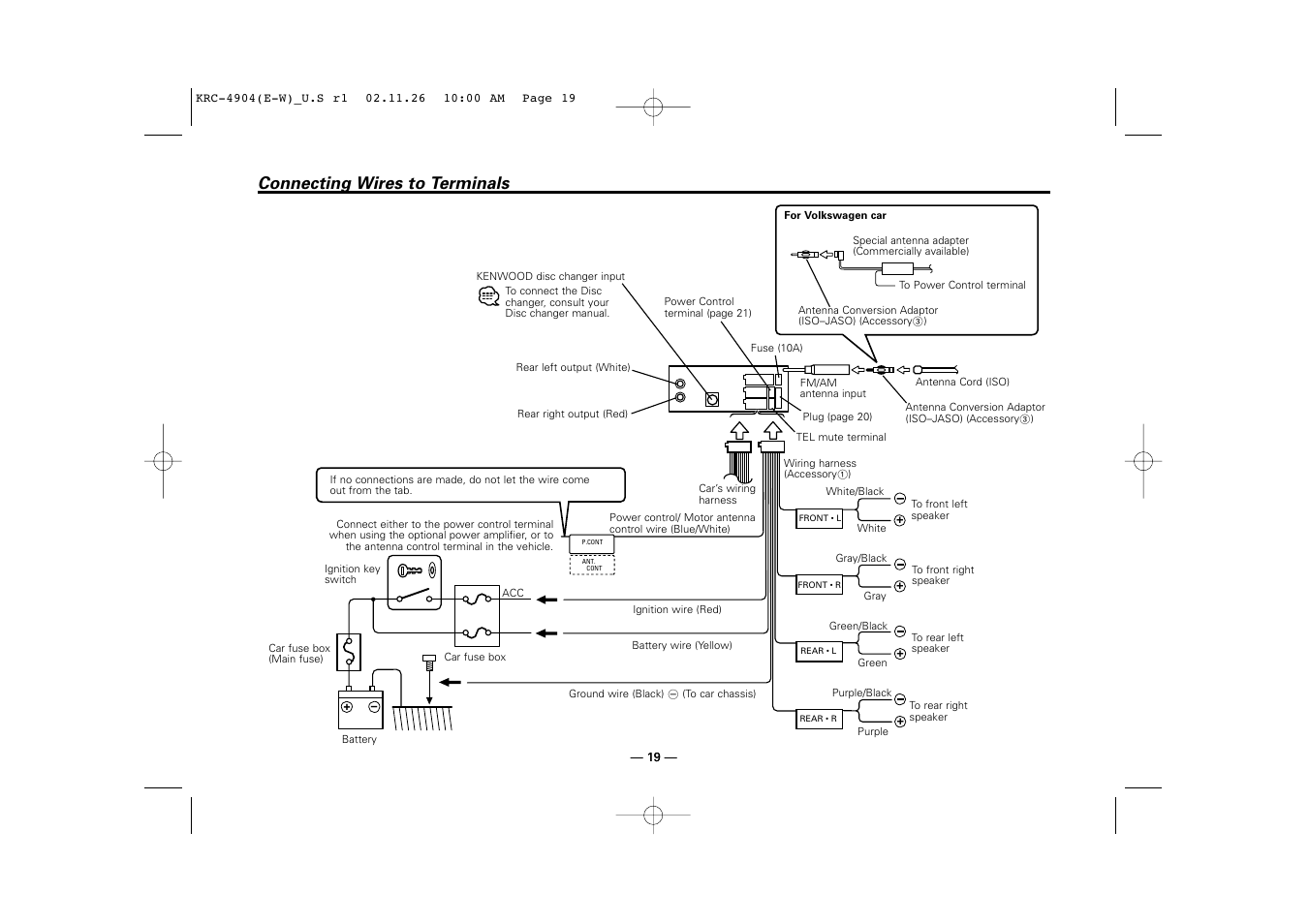 Connecting wires to terminals | Kenwood KRC-4904 User Manual | Page 19 / 26