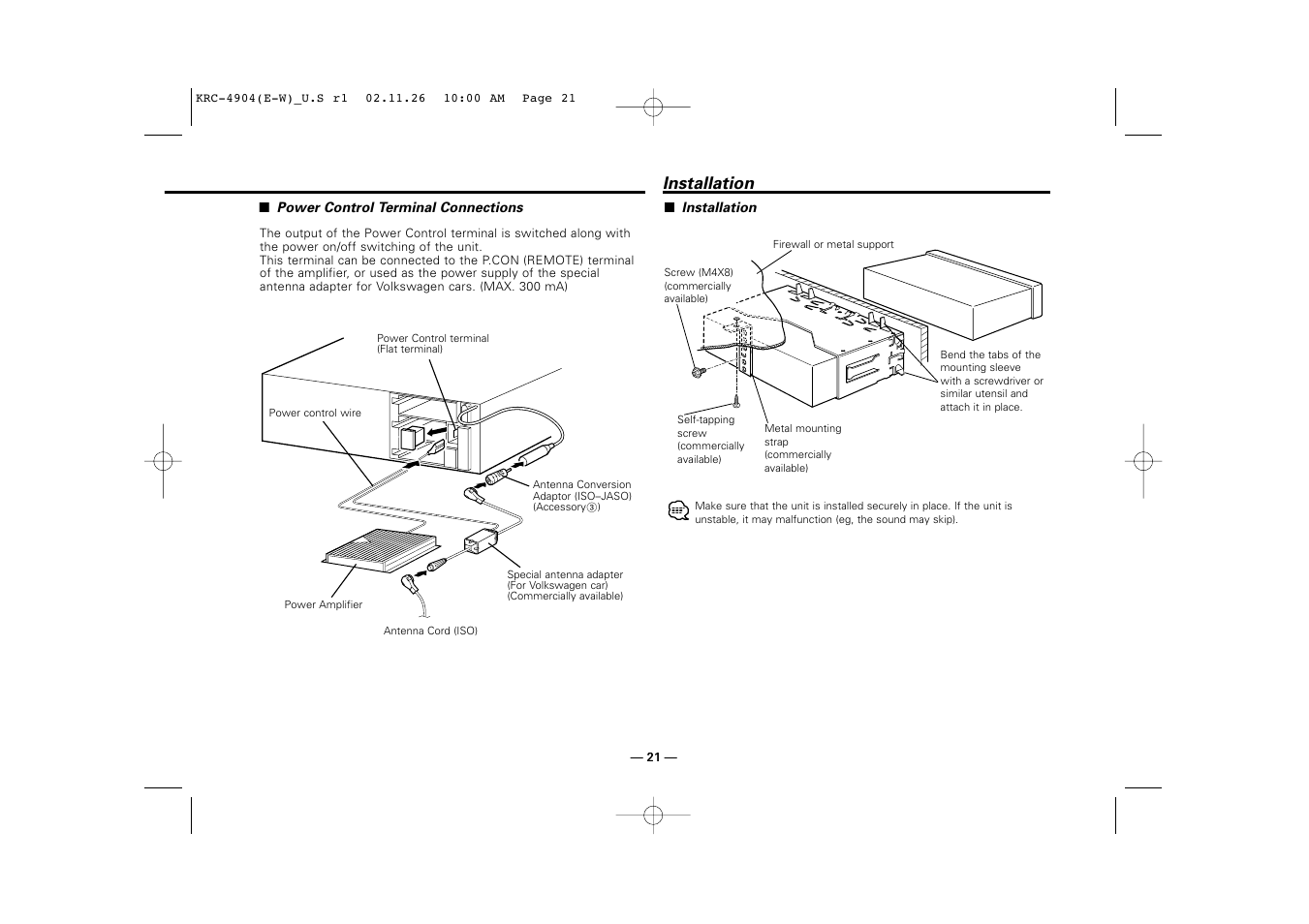 Installation | Kenwood KRC-4904 User Manual | Page 21 / 26