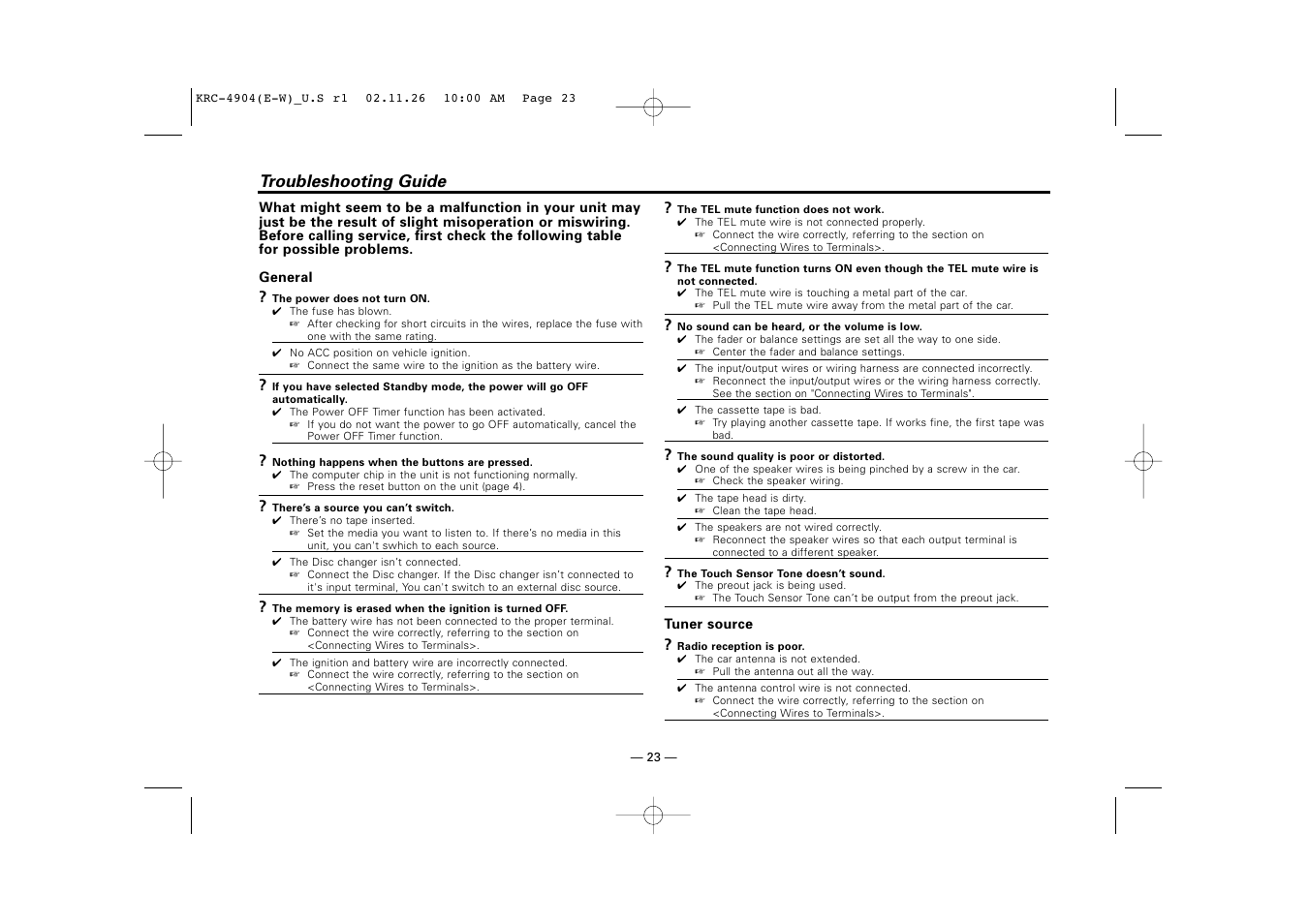 Troubleshooting guide | Kenwood KRC-4904 User Manual | Page 23 / 26