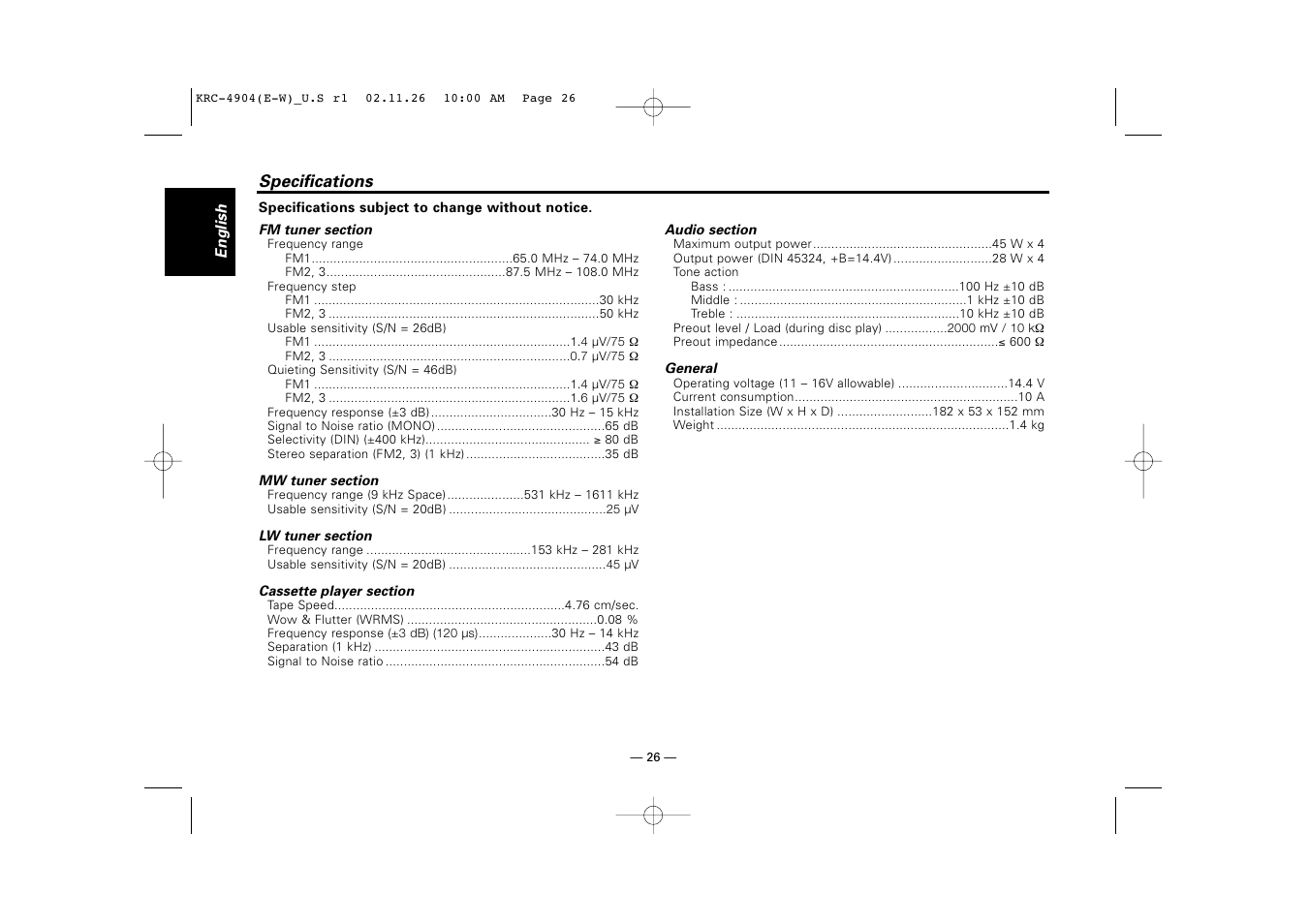 Specifications | Kenwood KRC-4904 User Manual | Page 26 / 26