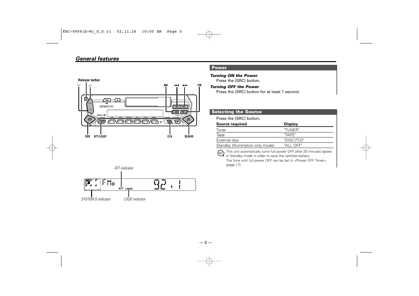 General features | Kenwood KRC-4904 User Manual | Page 5 / 26