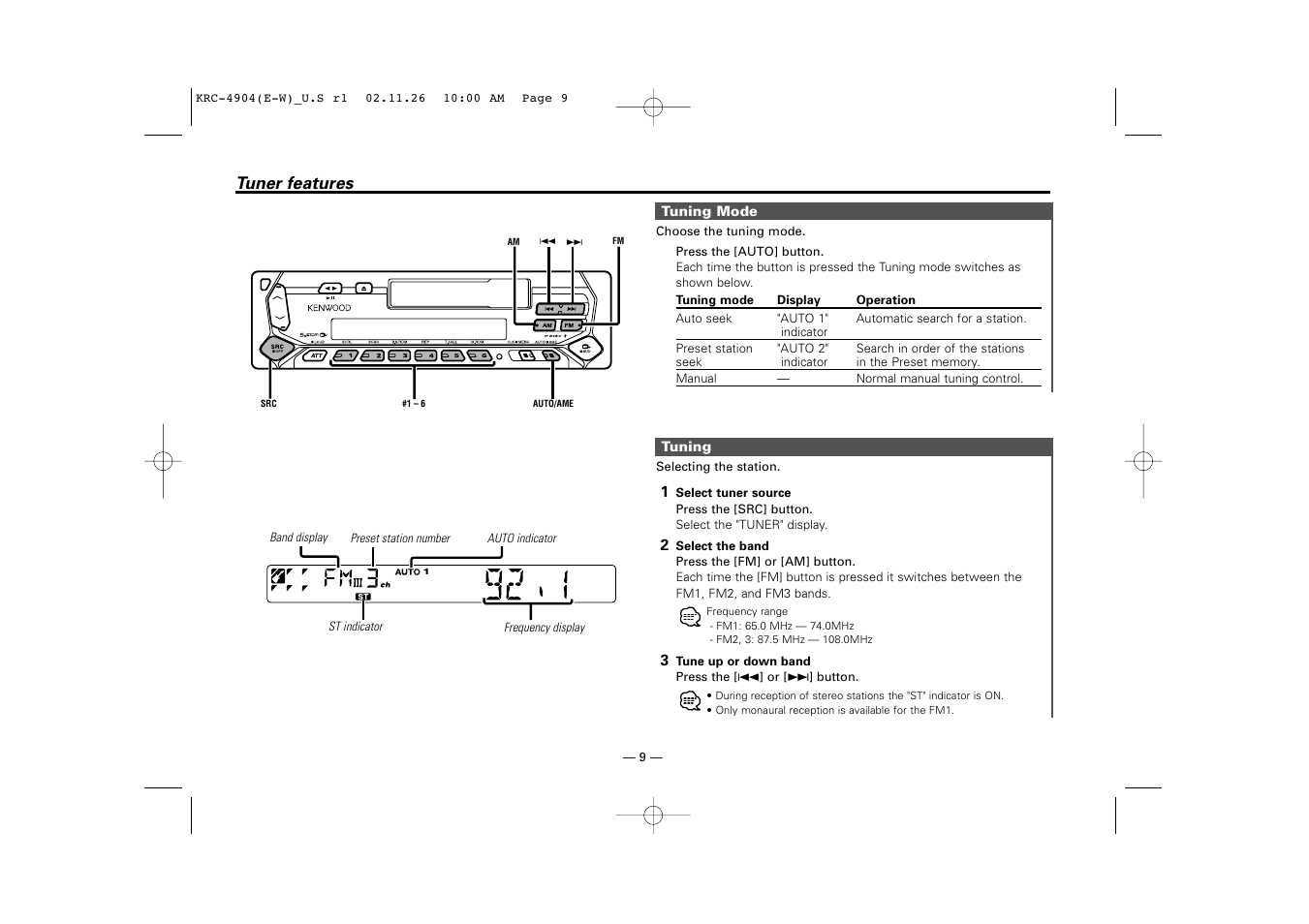 Tuner features | Kenwood KRC-4904 User Manual | Page 9 / 26