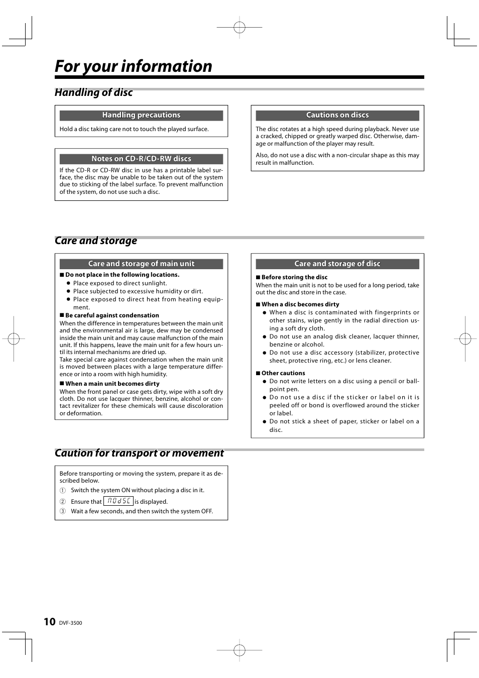 For your information, Care and storage, Handling of disc | Caution for transport or movement | Kenwood DVF-3500 User Manual | Page 10 / 36