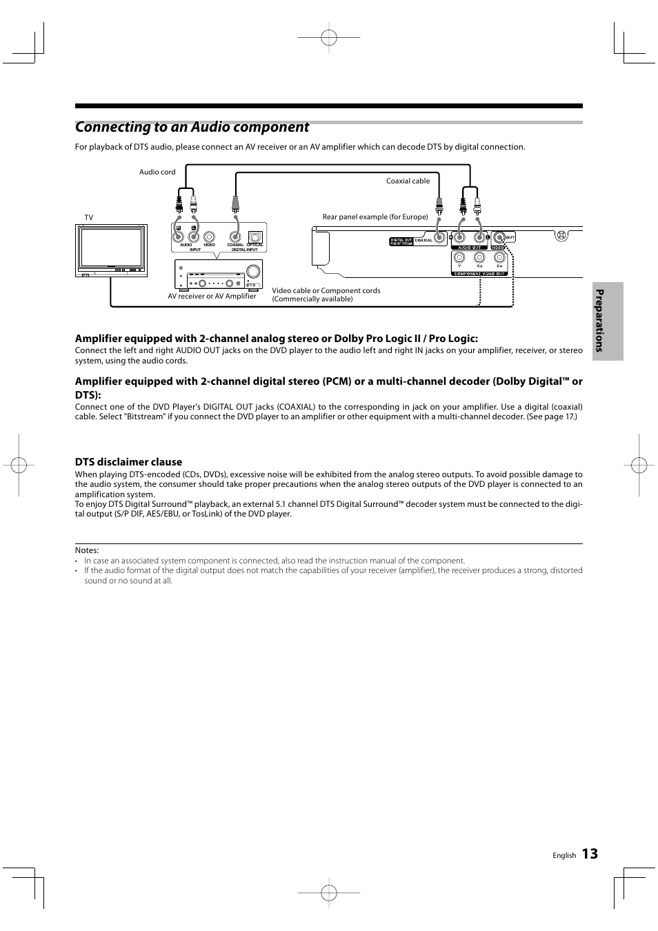 Connecting to an audio component, Dts disclaimer clause, Prepar a tions | Kenwood DVF-3500 User Manual | Page 13 / 36