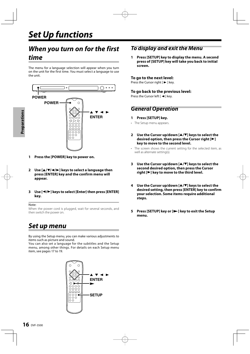 Set up functions, When you turn on for the first time, Set up menu | General operation | Kenwood DVF-3500 User Manual | Page 16 / 36