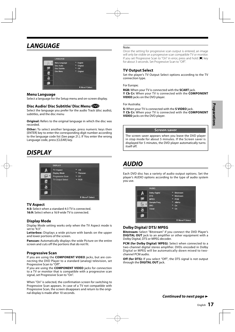 Language, Display, Audio | Kenwood DVF-3500 User Manual | Page 17 / 36