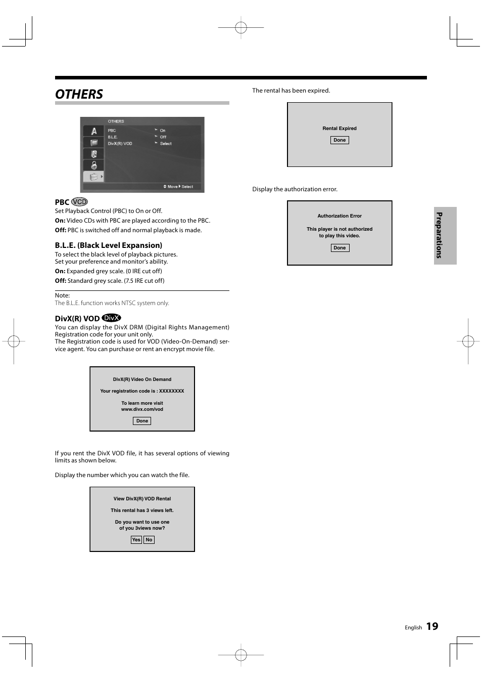 Others, Prepar a tions, B.l.e. (black level expansion) | Divx(r) vod | Kenwood DVF-3500 User Manual | Page 19 / 36