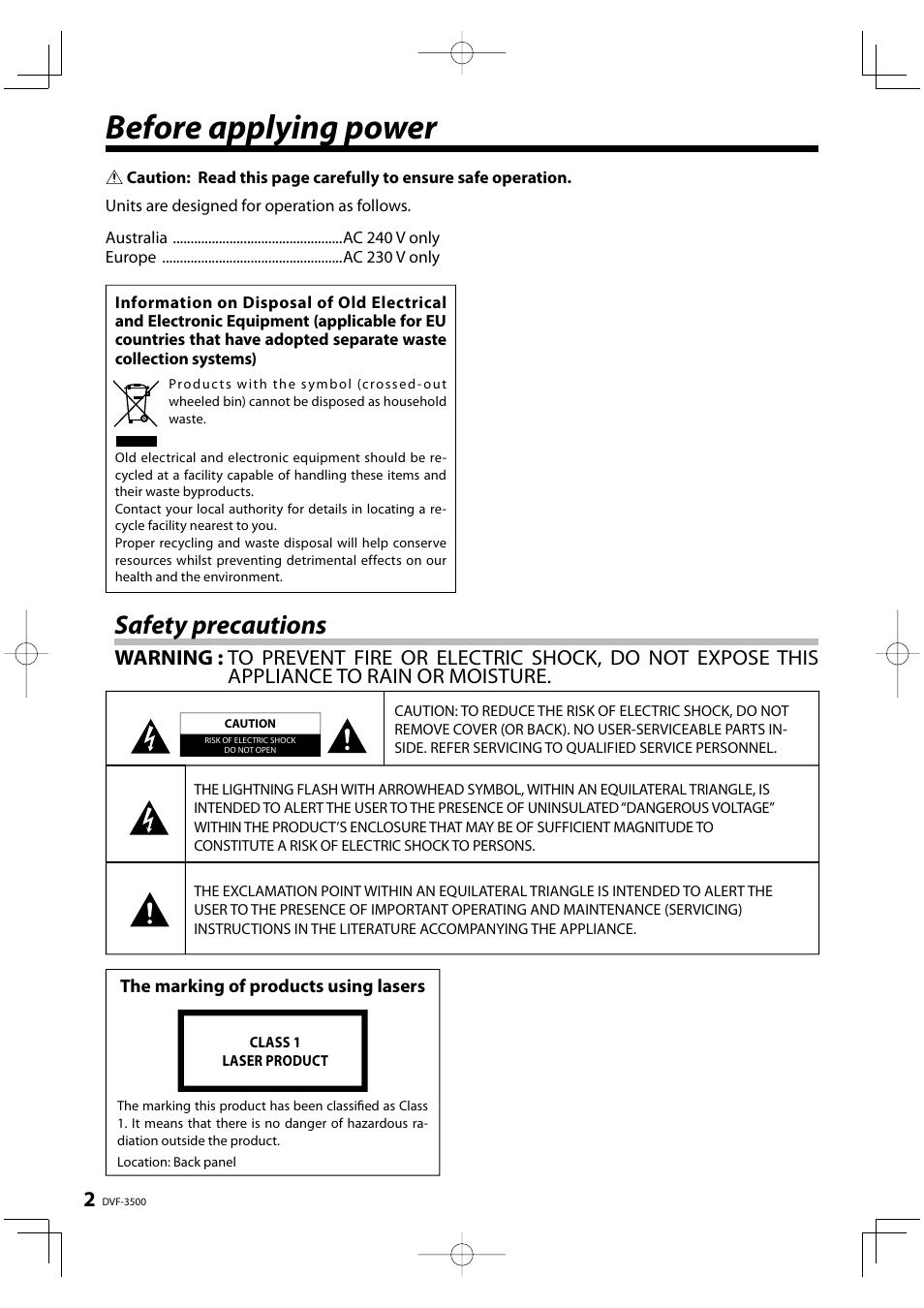 Before applying power, Safety precautions | Kenwood DVF-3500 User Manual | Page 2 / 36