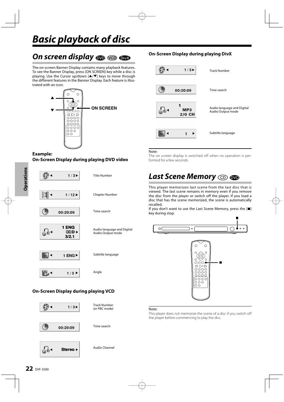Basic playback of disc, On screen display | Kenwood DVF-3500 User Manual | Page 22 / 36