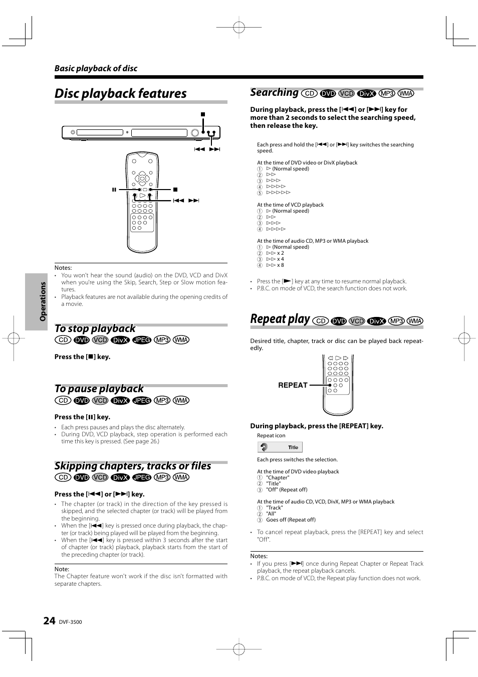 Disc playback features, Repeat play, Skipping chapters, tracks or files | Searching | Kenwood DVF-3500 User Manual | Page 24 / 36