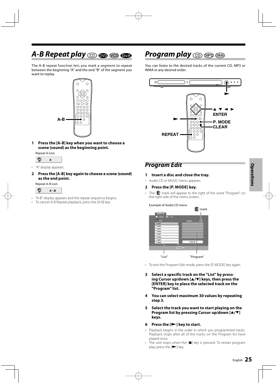 A-b repeat play, Program play, Program edit | Kenwood DVF-3500 User Manual | Page 25 / 36