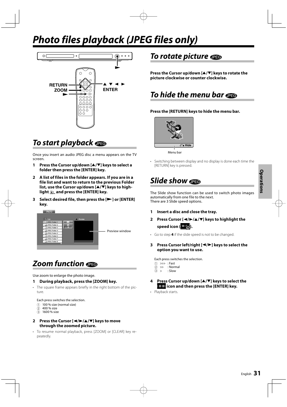 Photo files playback (jpeg files only), Zoom function, Slide show | Kenwood DVF-3500 User Manual | Page 31 / 36