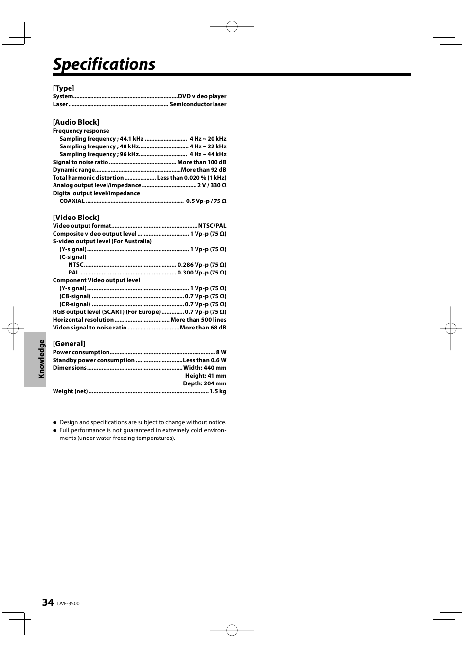 Specifications | Kenwood DVF-3500 User Manual | Page 34 / 36