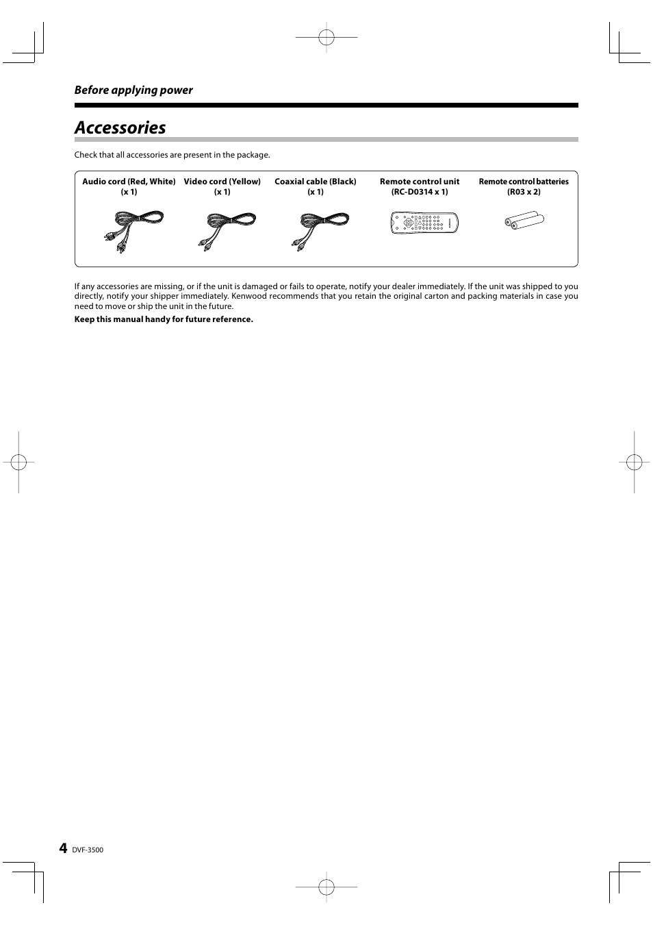 Accessories | Kenwood DVF-3500 User Manual | Page 4 / 36