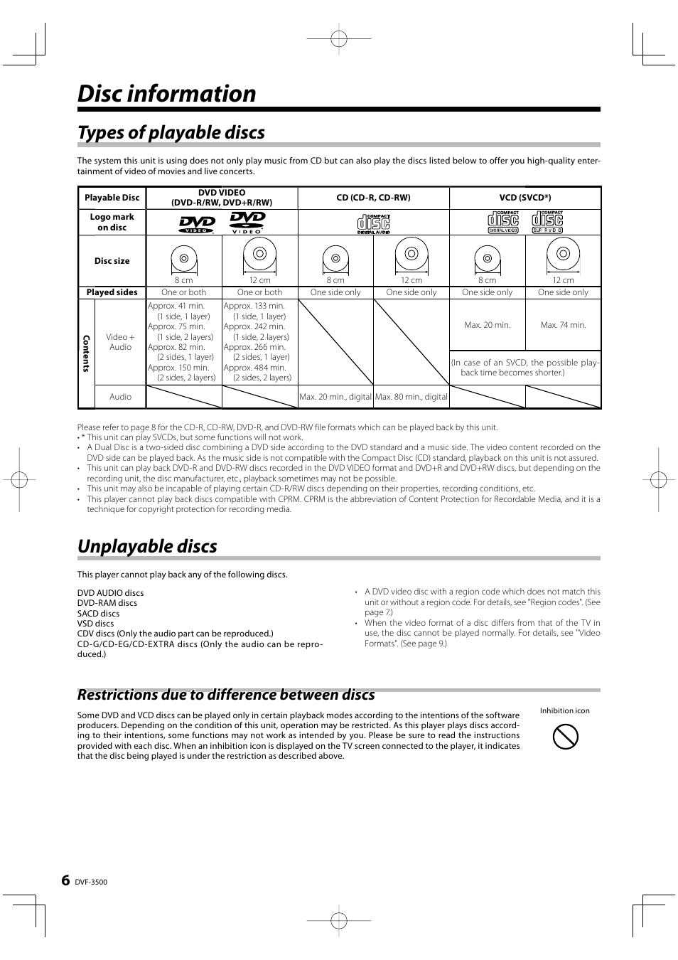 Disc information, Unplayable discs, Types of playable discs | Restrictions due to difference between discs | Kenwood DVF-3500 User Manual | Page 6 / 36