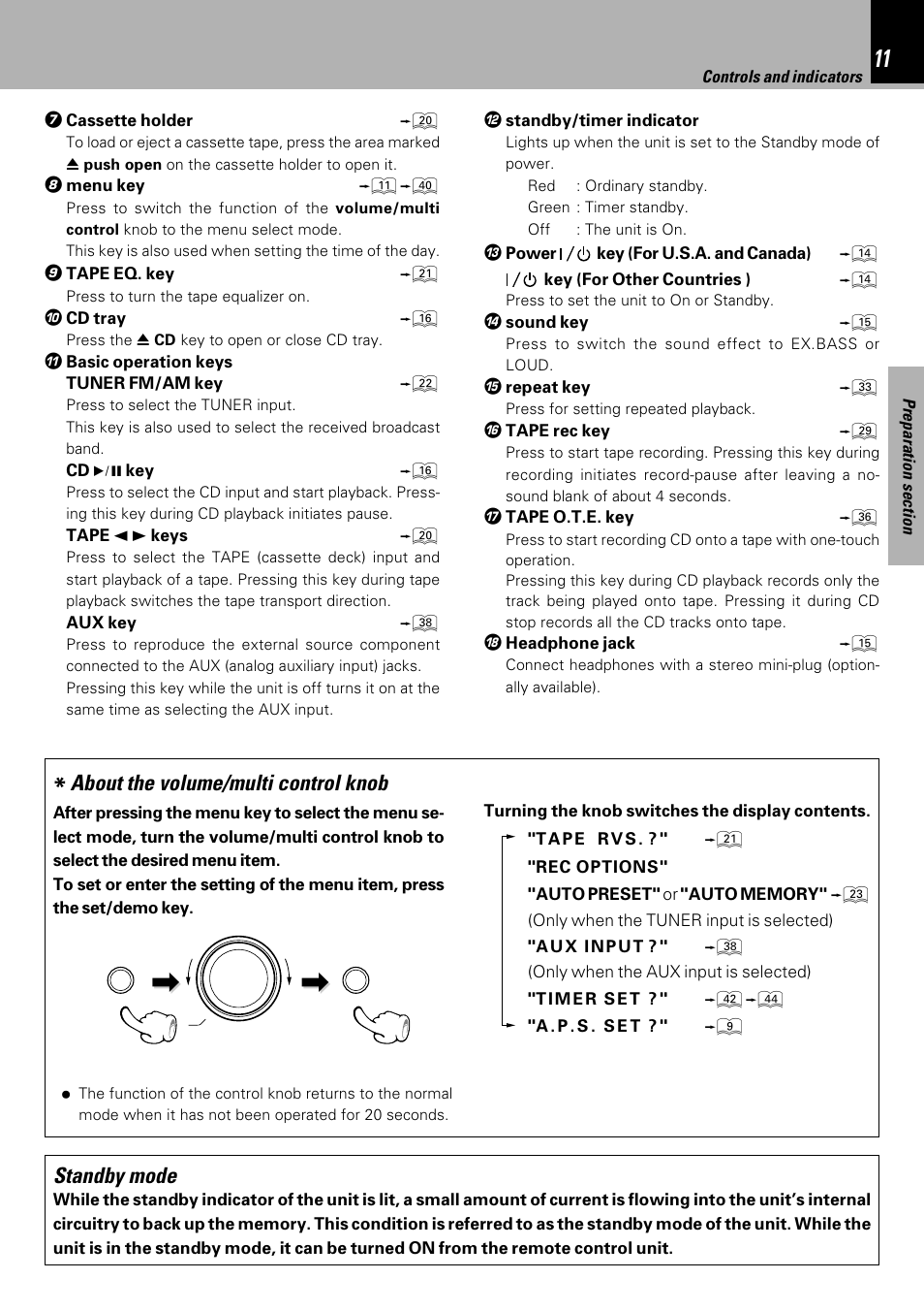 About the volume/multi control knob, Standby mode | Kenwood HM-333 User Manual | Page 11 / 52