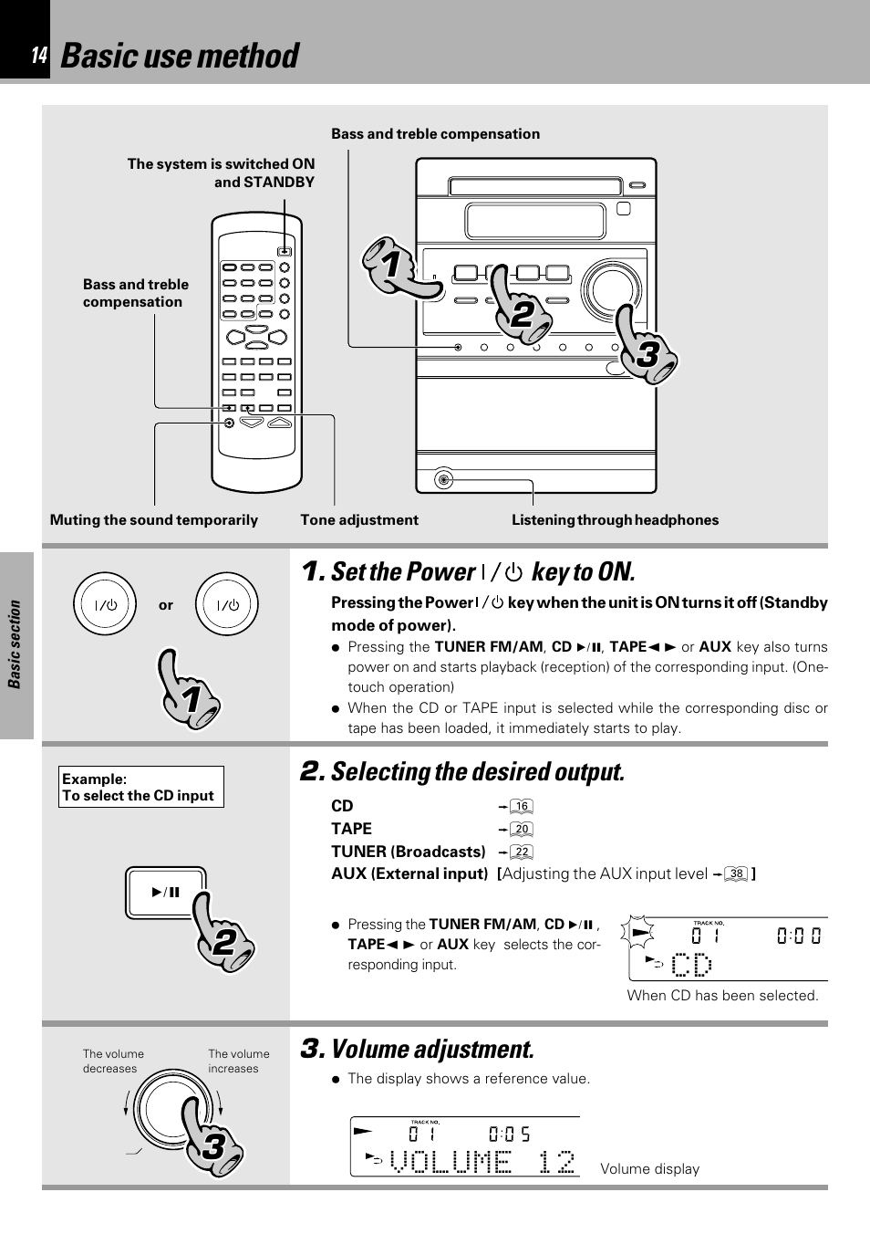 Basic use method, Volume adjustment. 2. selecting the desired output, Set the power key to on | Kenwood HM-333 User Manual | Page 14 / 52