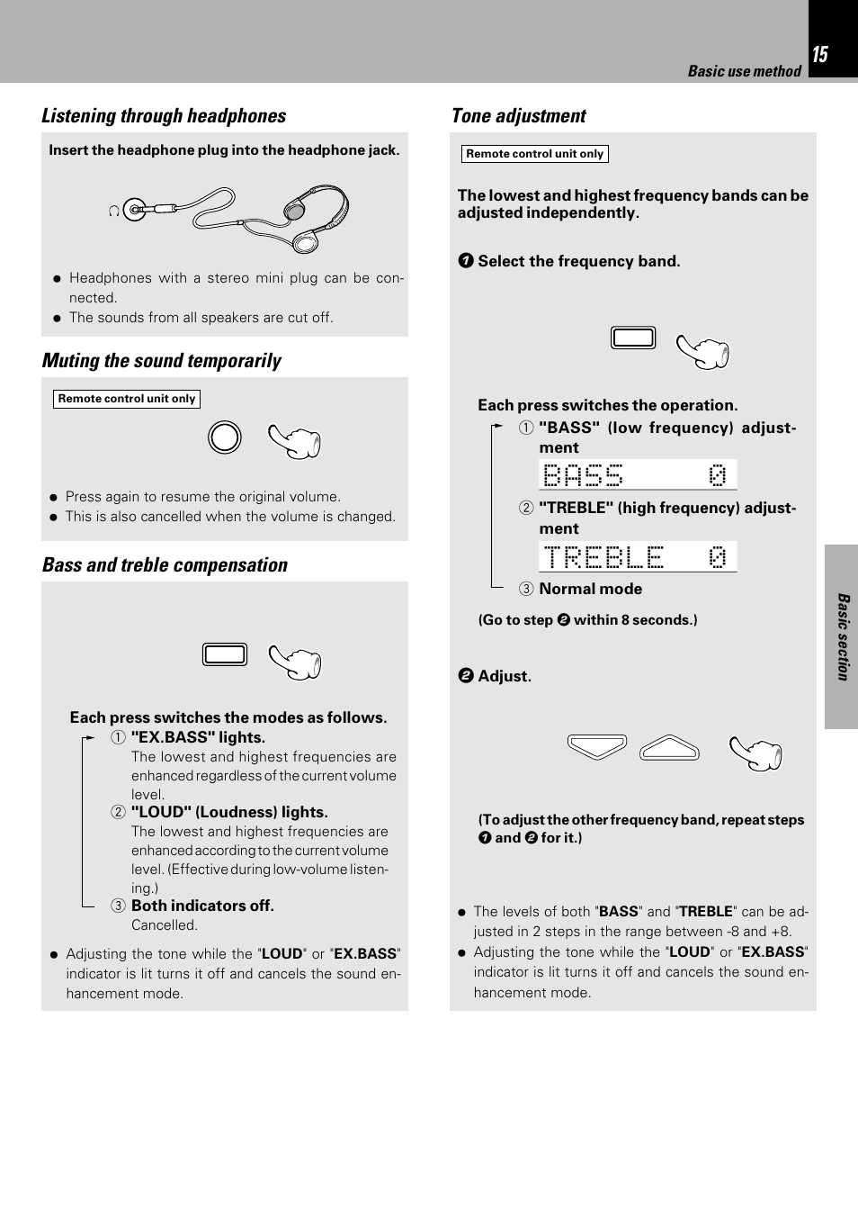 Muting the sound temporarily, Bass and treble compensation, Listening through headphones | Tone adjustment | Kenwood HM-333 User Manual | Page 15 / 52