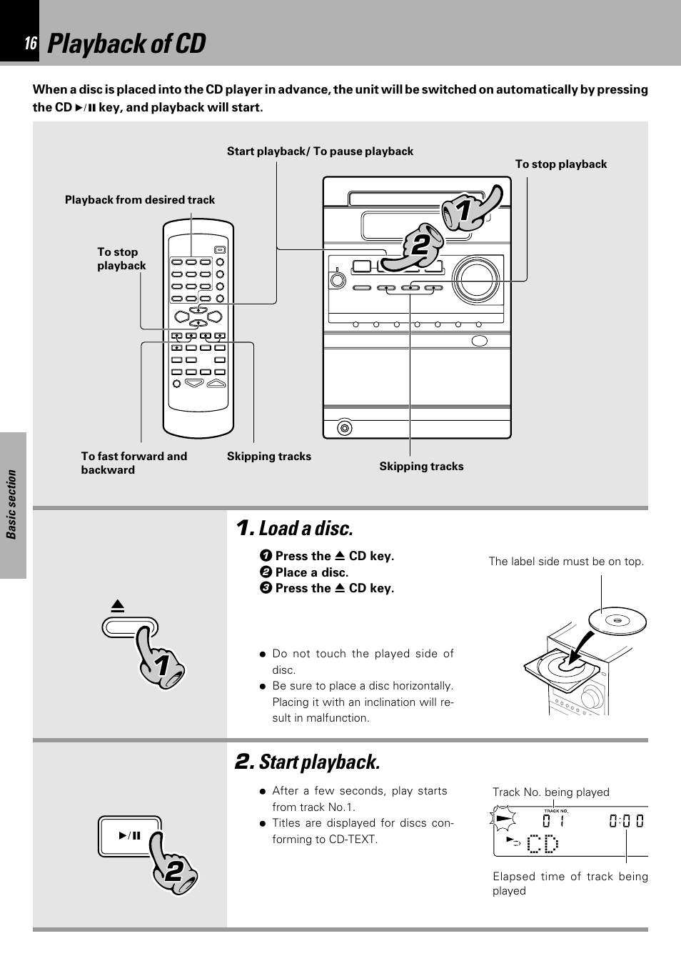 Playback of cd, Load a disc, Start playback | Kenwood HM-333 User Manual | Page 16 / 52