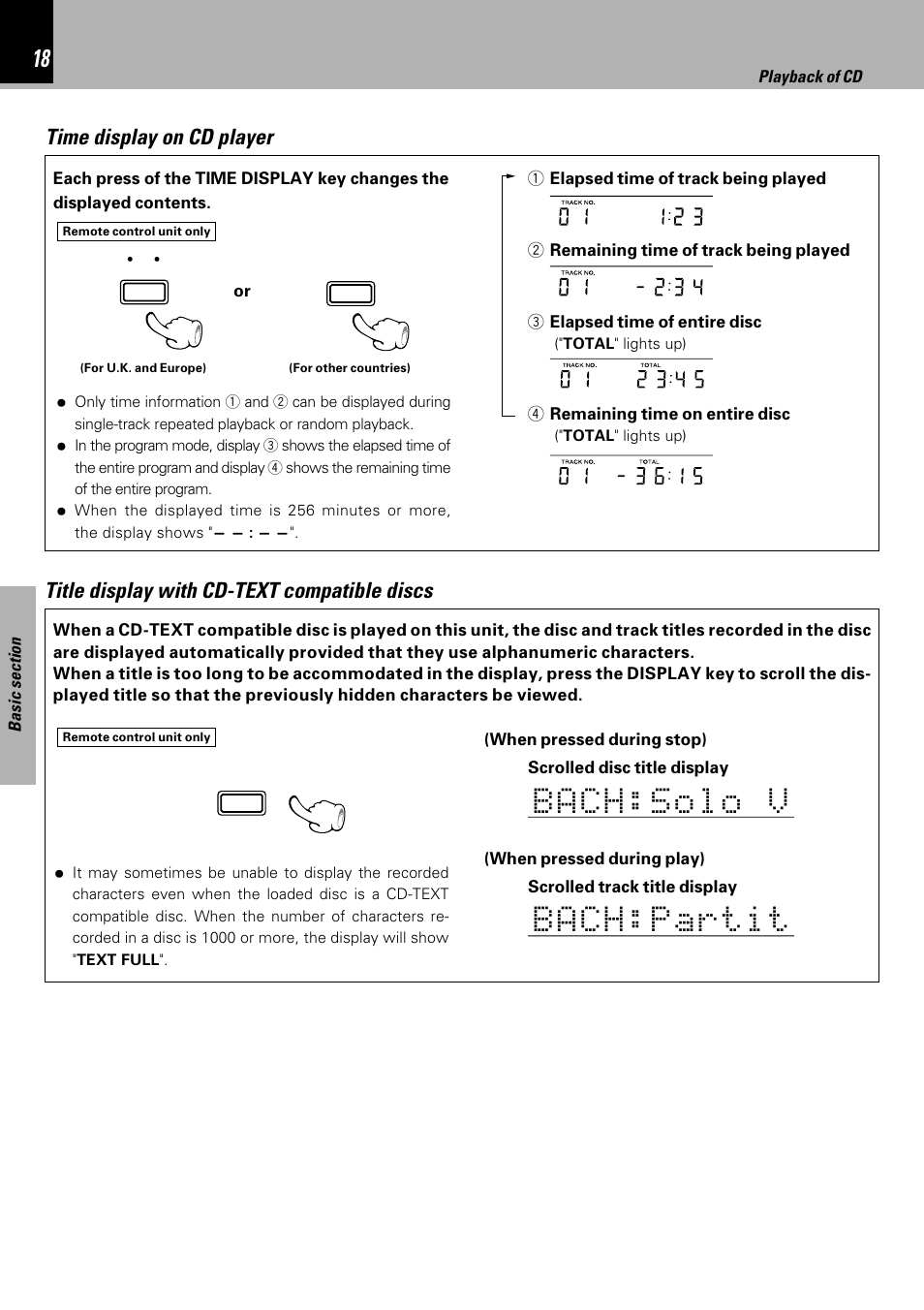 Time display on cd player, Title display with cd-text compatible discs | Kenwood HM-333 User Manual | Page 18 / 52