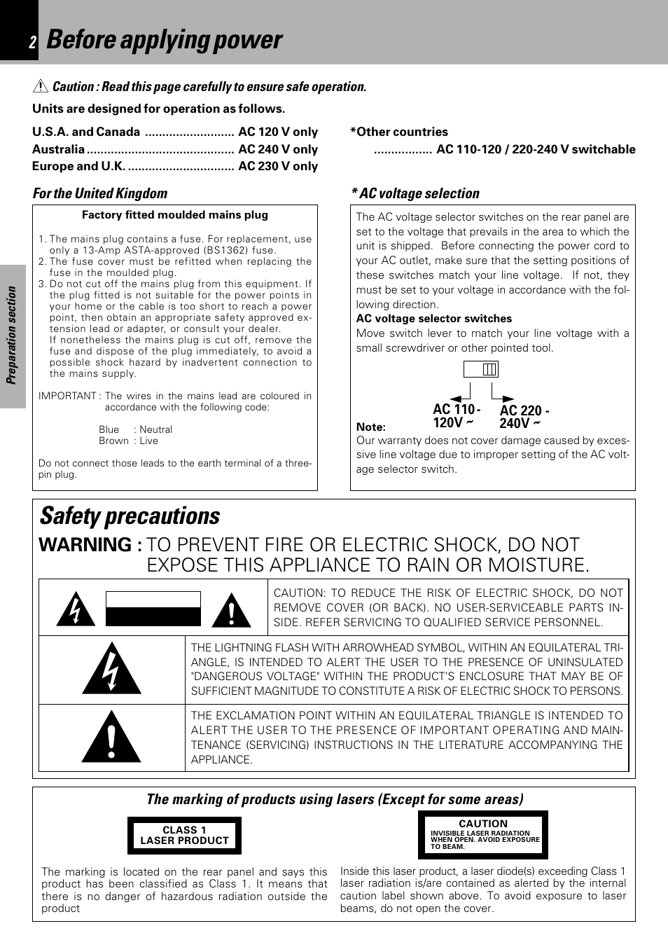 Before applying power, Safety precautions, For the united kingdom | Ac voltage selection | Kenwood HM-333 User Manual | Page 2 / 52