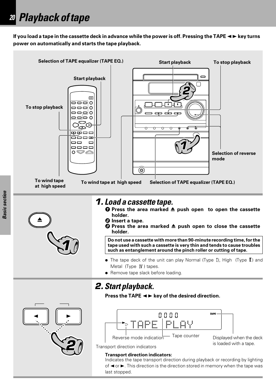 Playback of tape, Load a cassette tape, Start playback | Kenwood HM-333 User Manual | Page 20 / 52