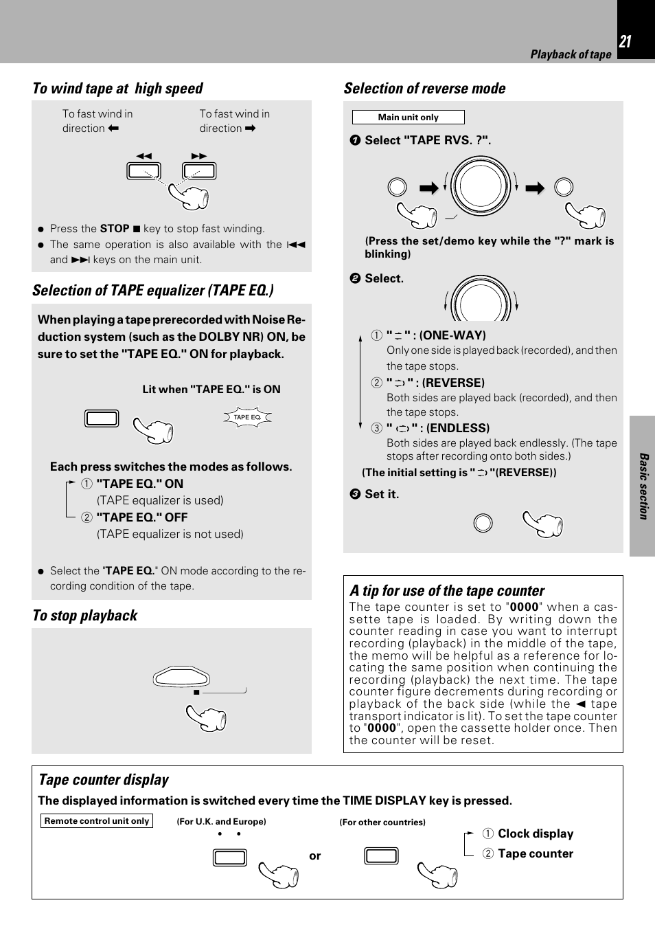 Selection of tape equalizer (tape eq.), Selection of reverse mode to stop playback, A tip for use of the tape counter | Tape counter display | Kenwood HM-333 User Manual | Page 21 / 52