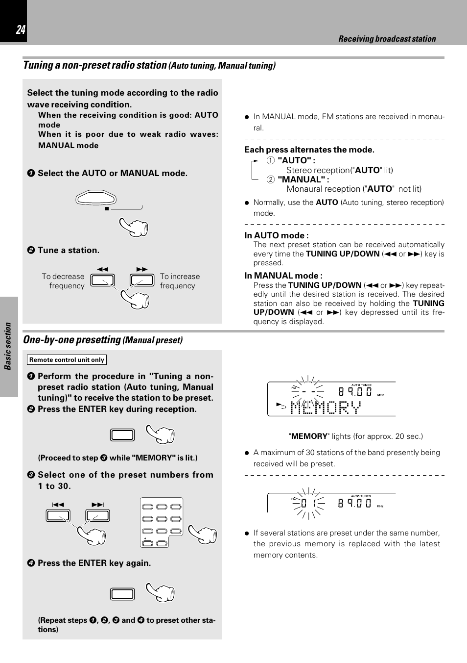 One-by-one presetting, Tuning a non-preset radio station | Kenwood HM-333 User Manual | Page 24 / 52