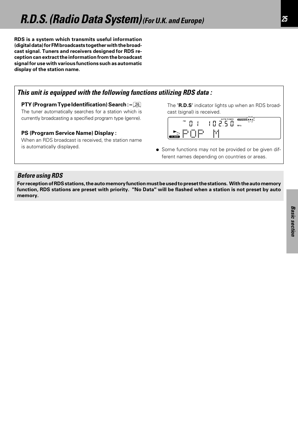 R.d.s. (radio data system) (for u.k. and europe), R.d.s. (radio data system), P o p m | Kenwood HM-333 User Manual | Page 25 / 52