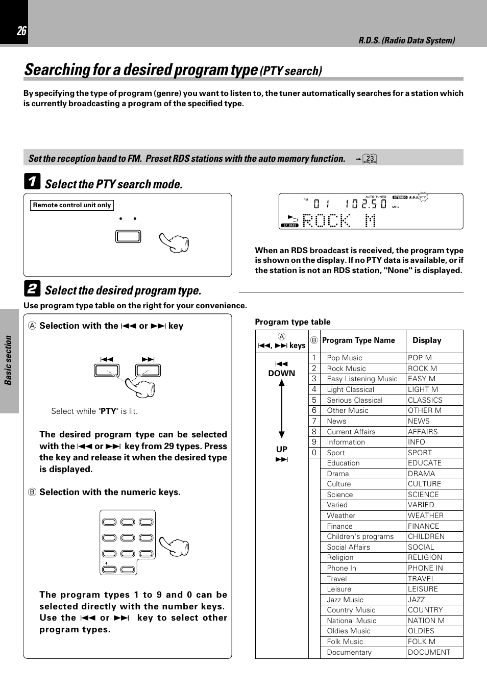 Searching for a desired program type (pty search), Searching for a desired program type, Pty search) | Kenwood HM-333 User Manual | Page 26 / 52