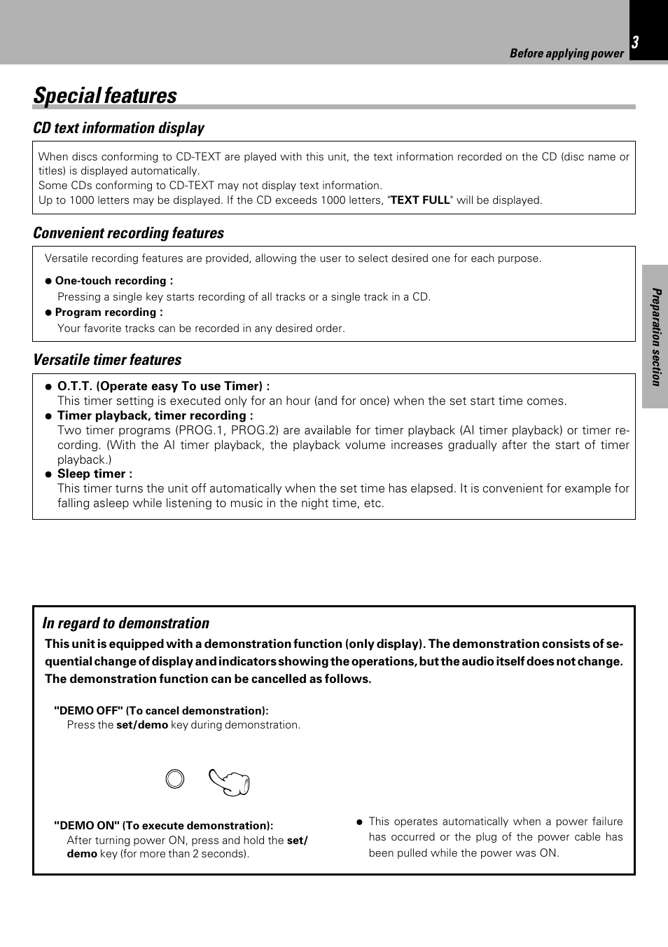 Special features, Versatile timer features, Convenient recording features | Cd text information display | Kenwood HM-333 User Manual | Page 3 / 52