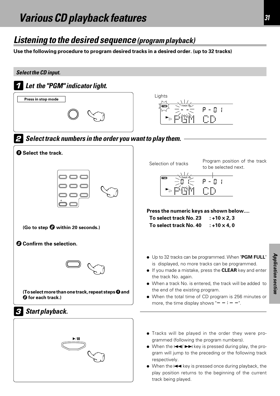 Various cd playback features, Listening to the desired sequence, Program playback) | Kenwood HM-333 User Manual | Page 31 / 52