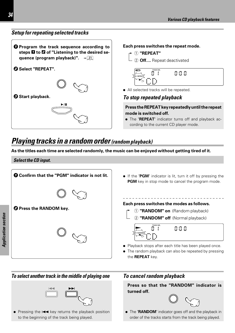 Playing tracks in a random order (random playback), Playing tracks in a random order, Setup for repeating selected tracks | Random playback) | Kenwood HM-333 User Manual | Page 34 / 52