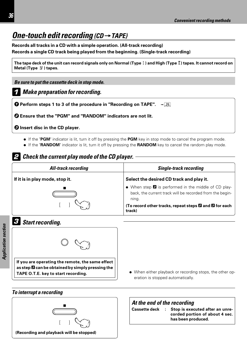 One-touch edit recording(cd→tape), One-touch edit recording, Tape) | Make preparation for recording, Check the current play mode of the cd player, Start recording | Kenwood HM-333 User Manual | Page 36 / 52