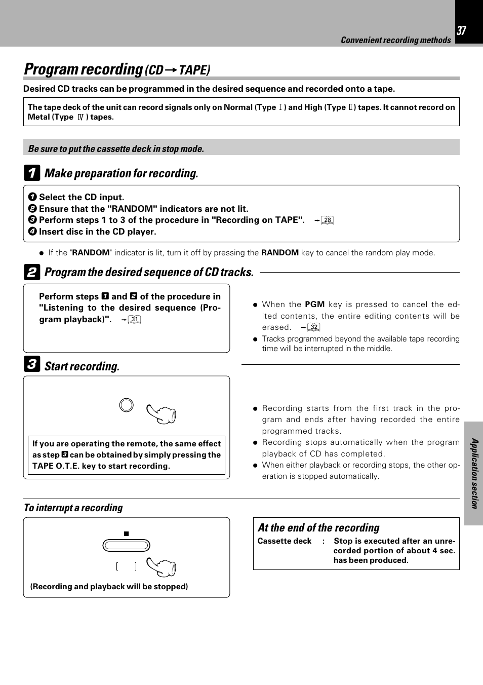 Program recording(cd→tape), Program recording, Tape) | Make preparation for recording, Program the desired sequence of cd tracks, Start recording | Kenwood HM-333 User Manual | Page 37 / 52