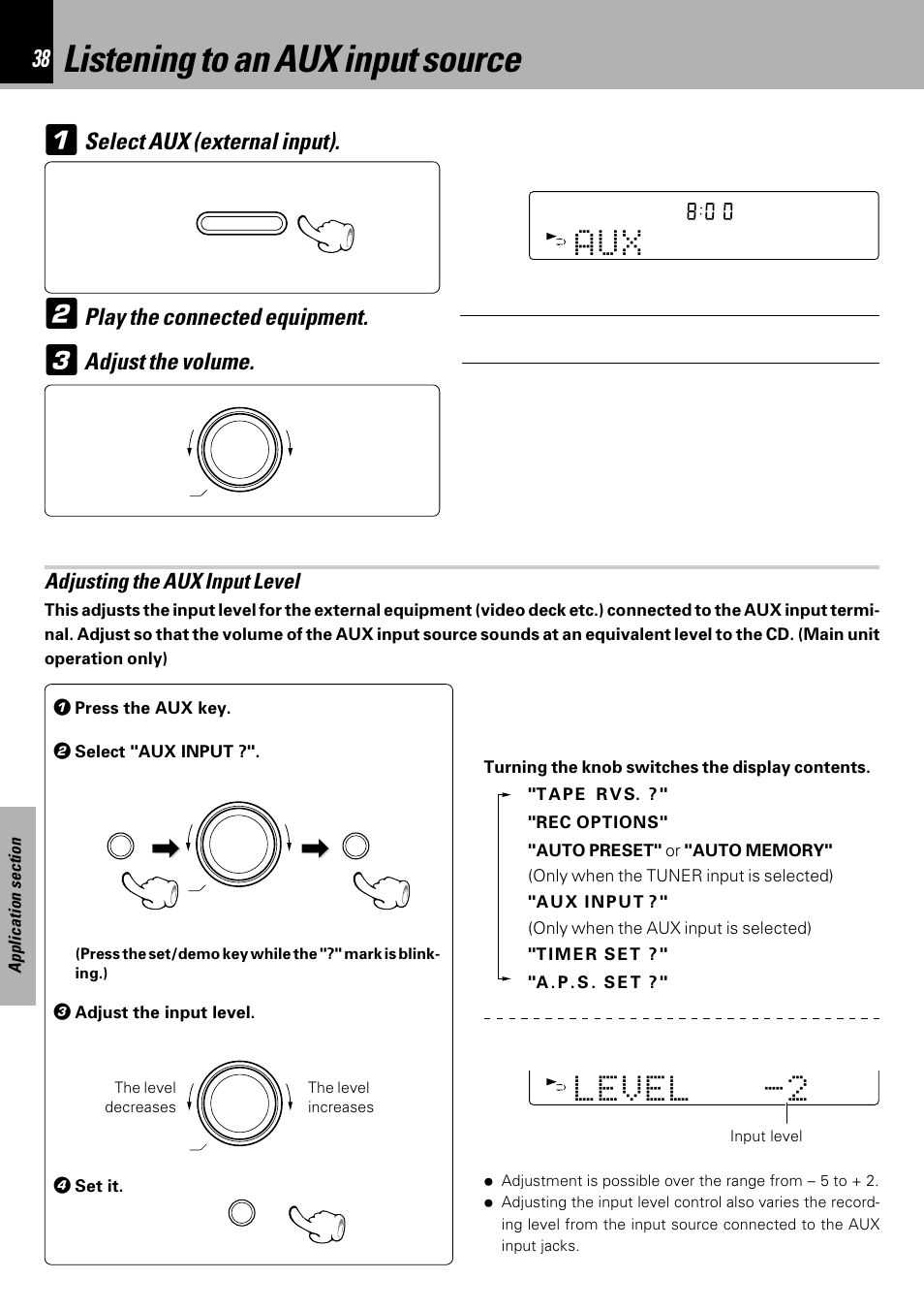 Listening to an aux input source, A u x | Kenwood HM-333 User Manual | Page 38 / 52