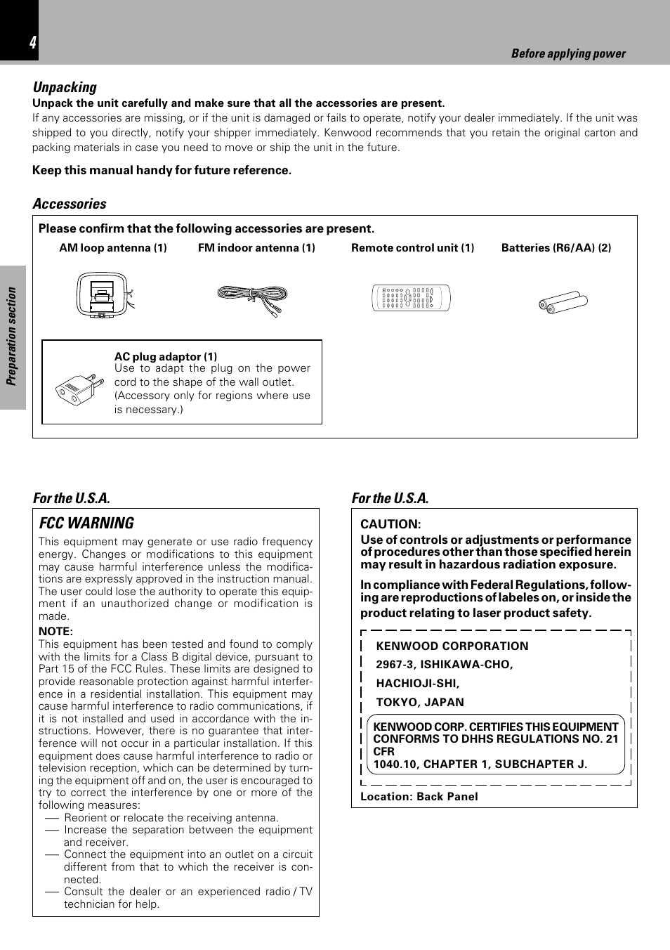 Fcc warning, Accessories, Unpacking | For the u.s.a | Kenwood HM-333 User Manual | Page 4 / 52