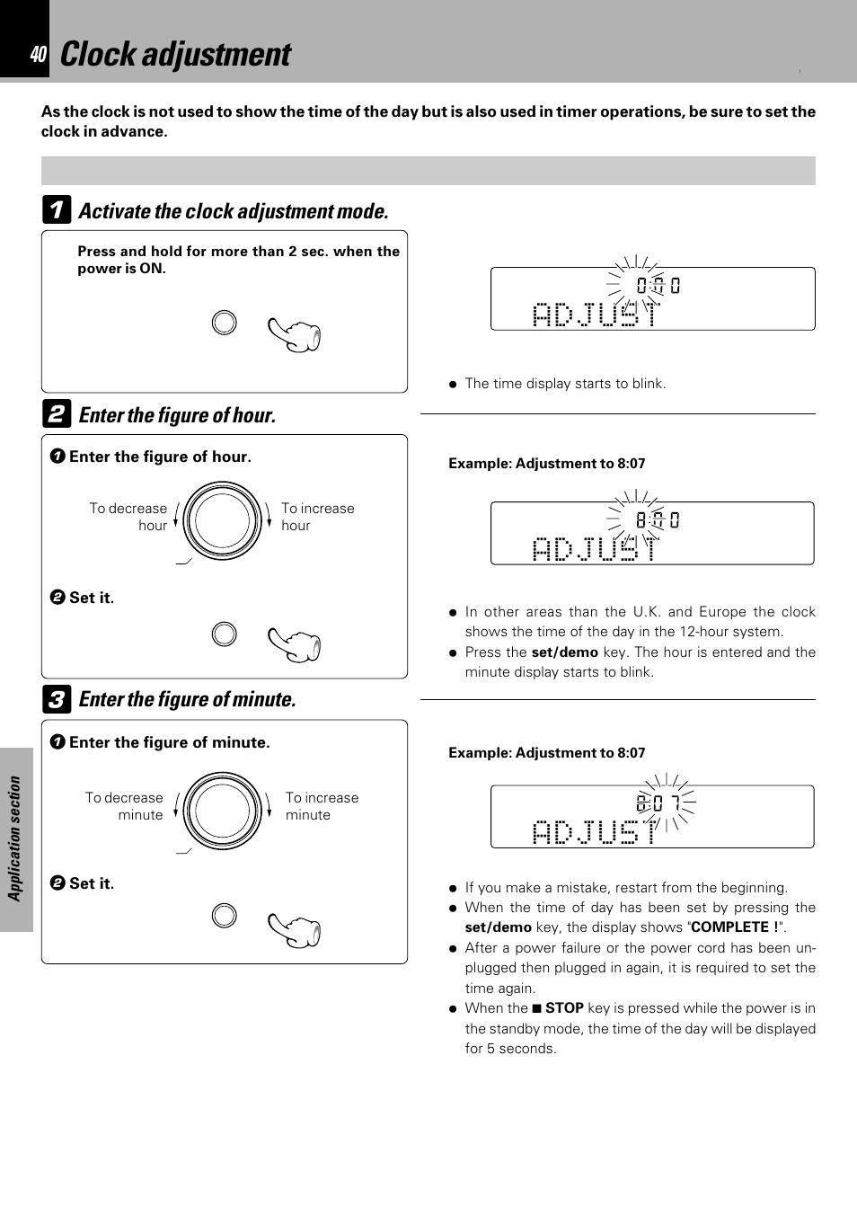 Clock adjustment, Enter the figure of hour, Activate the clock adjustment mode | Enter the figure of minute | Kenwood HM-333 User Manual | Page 40 / 52