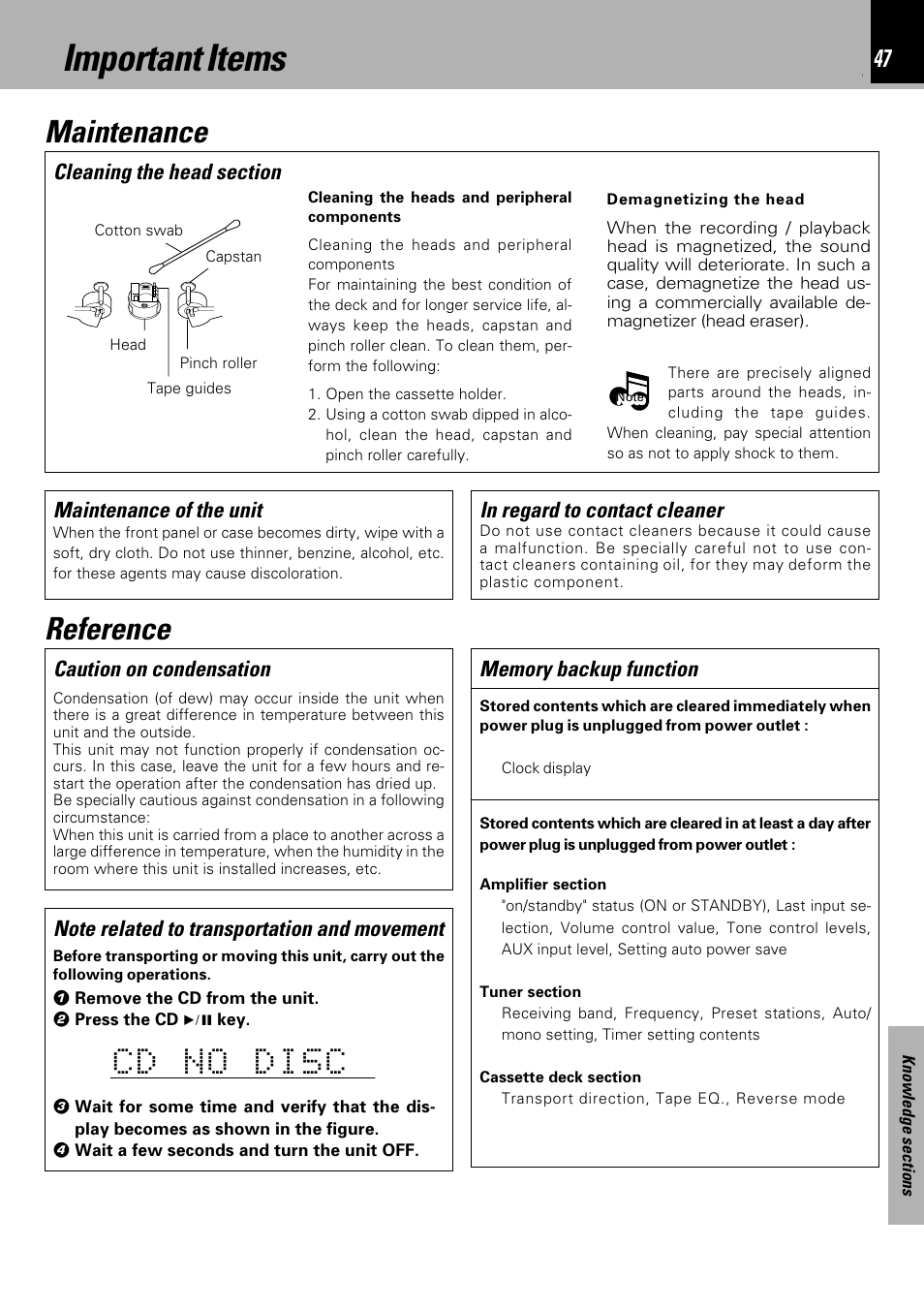 Important items, Maintenance reference | Kenwood HM-333 User Manual | Page 47 / 52