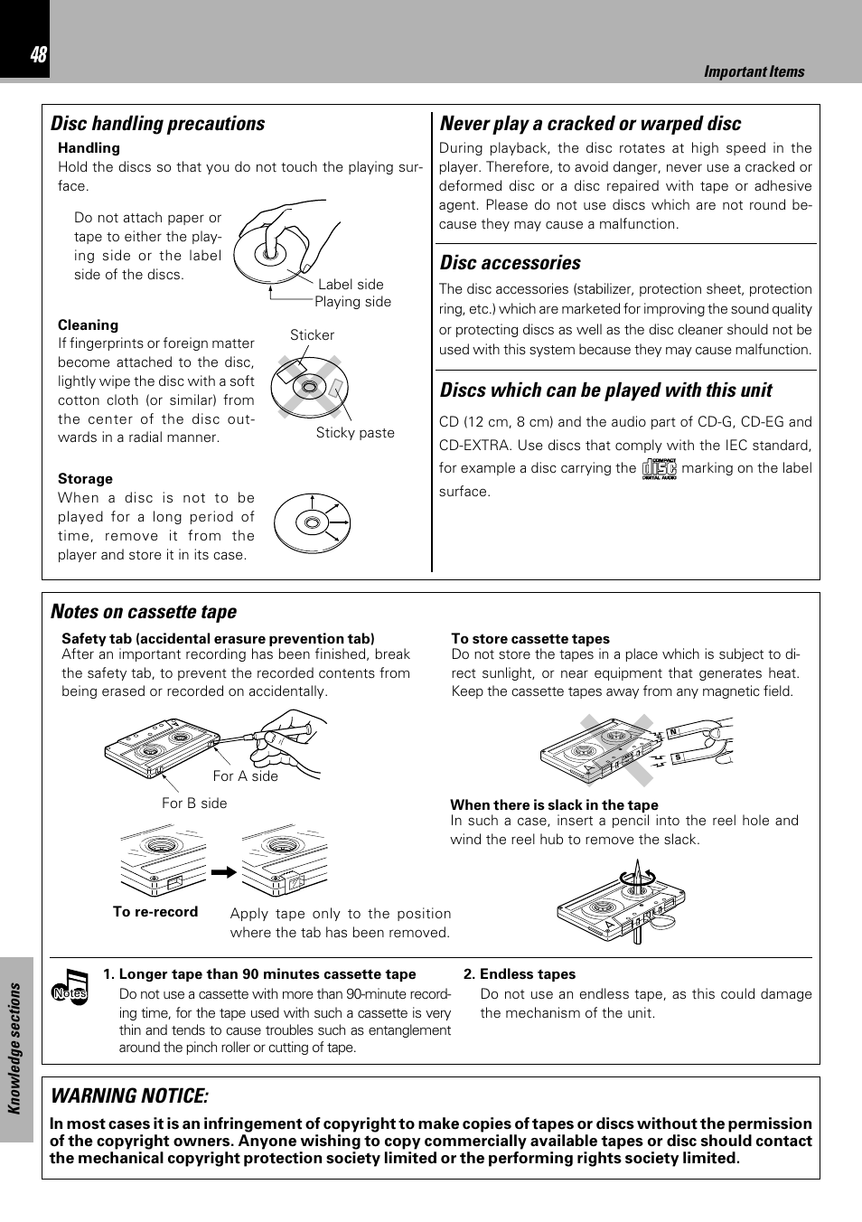 Never play a cracked or warped disc, Disc handling precautions, Warning notice | Kenwood HM-333 User Manual | Page 48 / 52