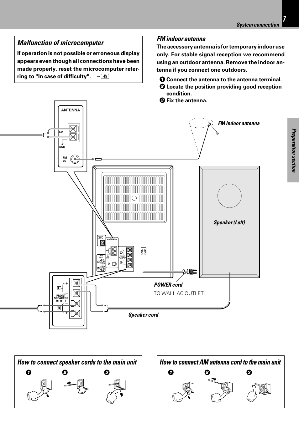 How to connect am antenna cord to the main unit, Fm indoor antenna, System connection | Connect the antenna to the antenna terminal, Fix the antenna | Kenwood HM-333 User Manual | Page 7 / 52