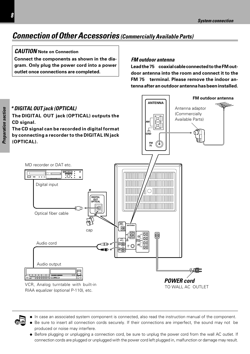 Connection of other accessories, Commercially available parts), Caution | Power cord, Fm outdoor antenna, Digital out jack (optical), System connection | Kenwood HM-333 User Manual | Page 8 / 52