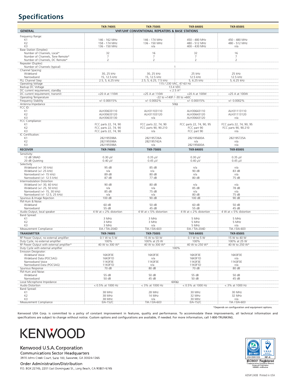 Specifications | Kenwood TKR-7500S User Manual | Page 2 / 2