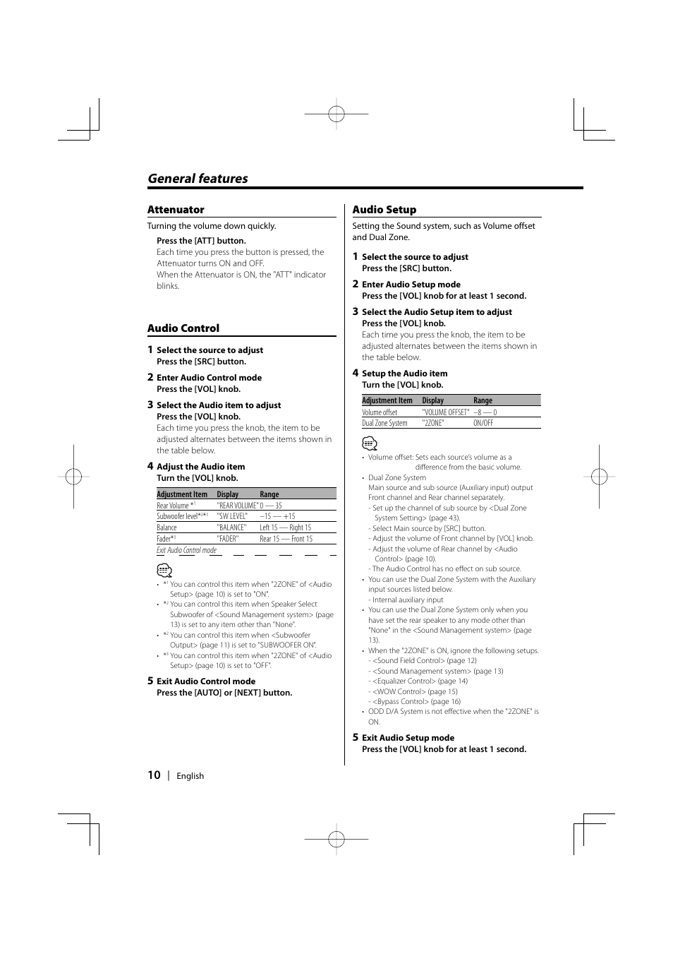 General features, Attenuator, Audio control 1 | Audio setup | Kenwood XXV-01D User Manual | Page 10 / 58